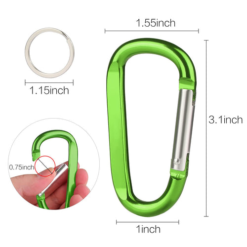 6PCS Black Carabiner Caribeaner Clip,3" Large Aluminum D Ring Shape Carabeaner with 6PCS Keyring Keychain Hook