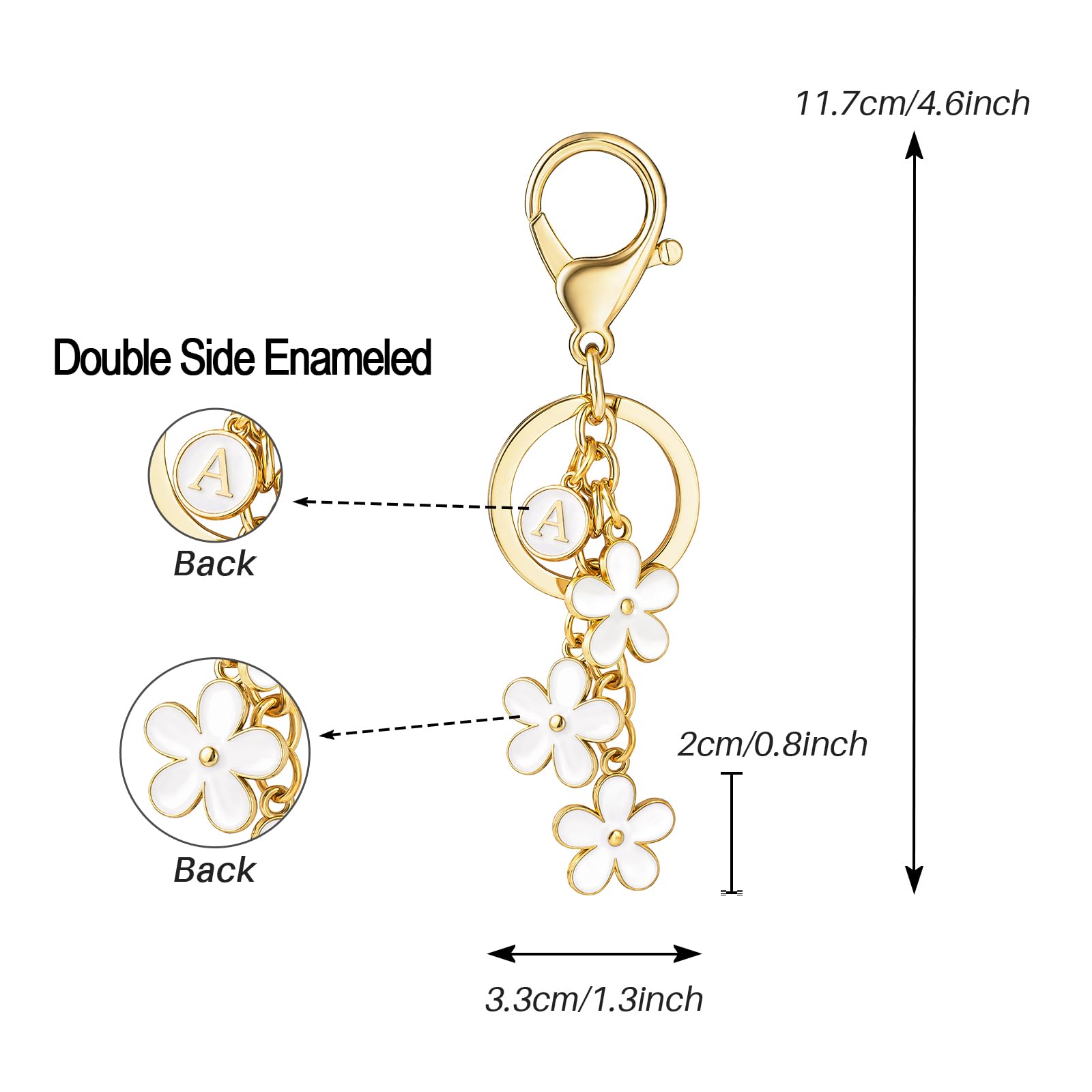 Initial Keychain White/Pink/Black Cute Keychain Girl Purse Charms for Handbag Cute Letter Flower Keyring for Backpack