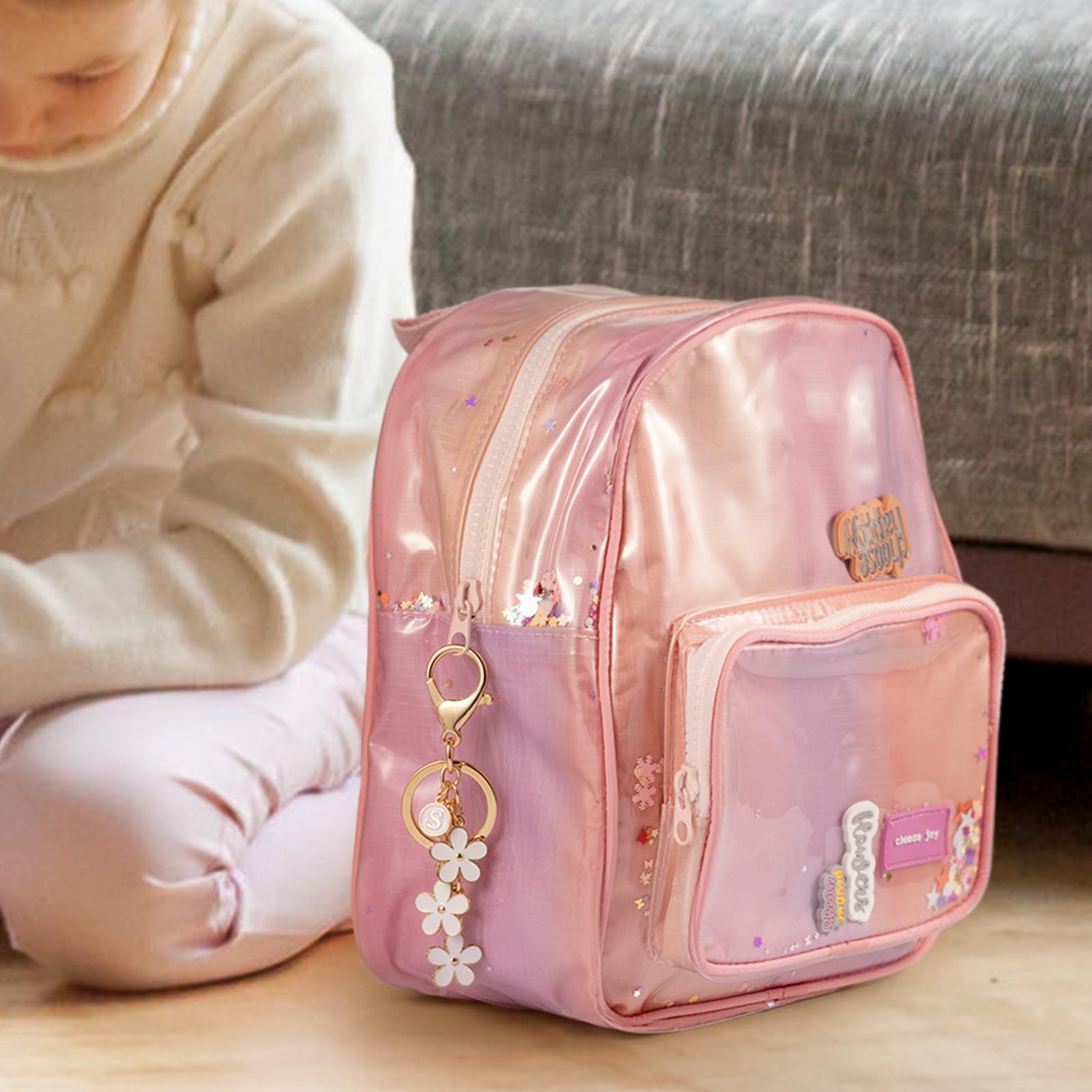 Initial Keychain White/Pink/Black Cute Keychain Girl Purse Charms for Handbag Cute Letter Flower Keyring for Backpack